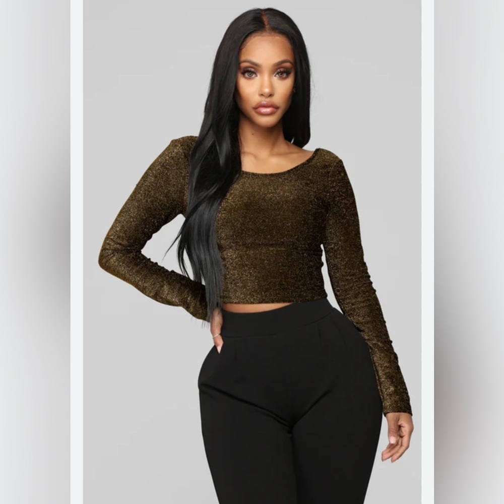 Lavender moon Metallic‎ Gold Long Sleeve Crop Top